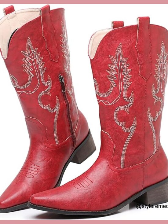 Faux Fur Embroidered Cowboy Boots with Chunky Heel Pointed Toe